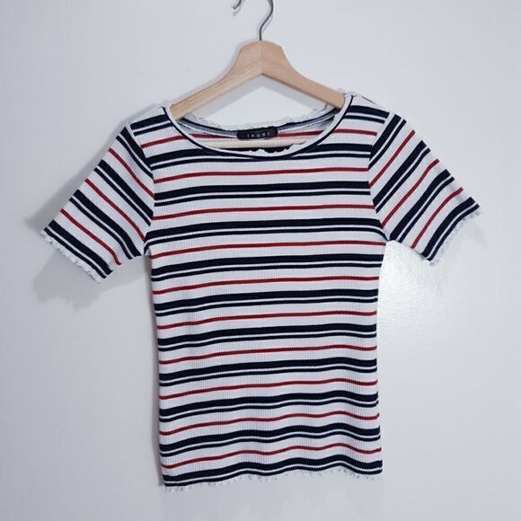 NWOT Sailor Striped Ribbed Korean Scallop Trim Top - Picture 1 of 8